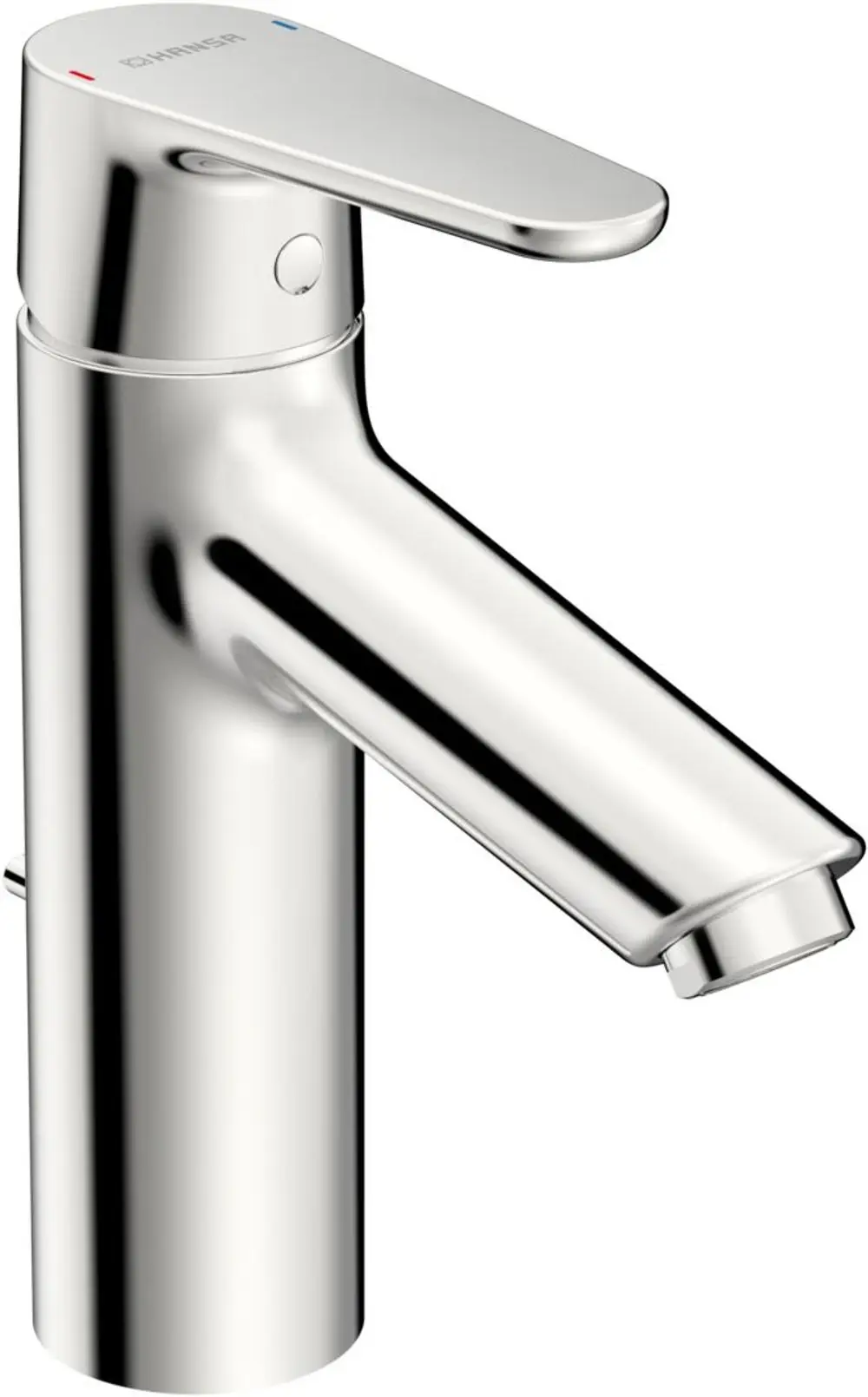 Waschtischbatterie aus Chrom mit einem seitlichen Hebel zum Einstellen von Wasserfluss und -temperatur, hergestellt von HANSA, geeignet für Niederdrucksysteme.